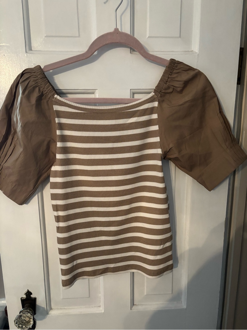 J Crew Striped Puff Sleeve Top in Brown and White